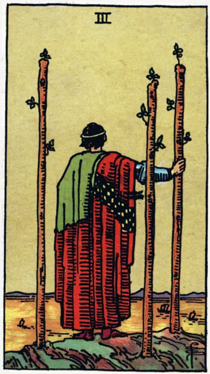 3 de Bastos, arcano menor · bastos del tarot Rider-Waite