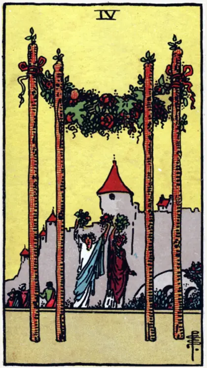 4 de Bastos, arcano menor · bastos del tarot Rider-Waite