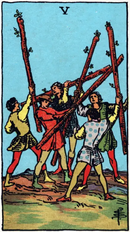 5 de Bastos, arcano menor · bastos del tarot Rider-Waite