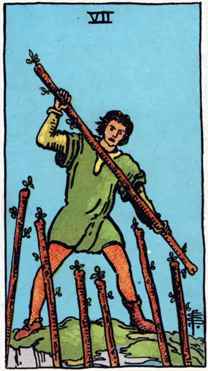 7 de Bastos, arcano menor · bastos del tarot Rider-Waite