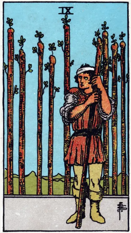 9 de Bastos, arcano menor · bastos del tarot Rider-Waite