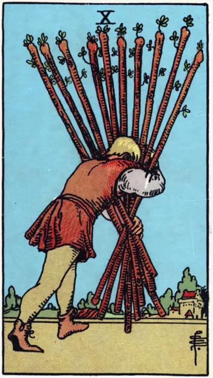 10 de Bastos, arcano menor · bastos del tarot Rider-Waite