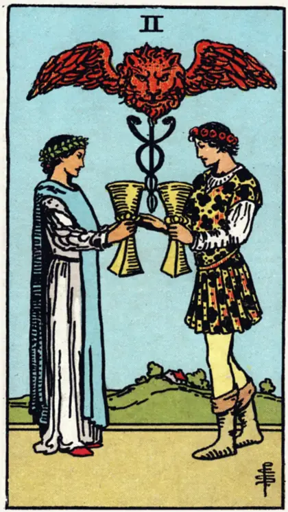2 de Copas, arcano menor · copas del tarot Rider-Waite