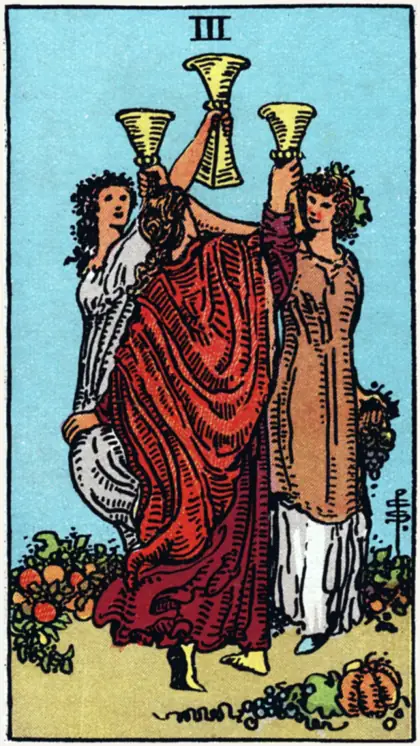 3 de Copas, arcano menor · copas del tarot Rider-Waite