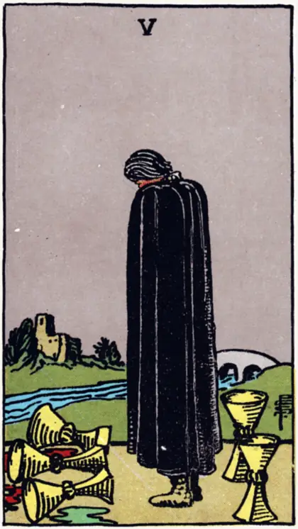5 de Copas, arcano menor · copas del tarot Rider-Waite