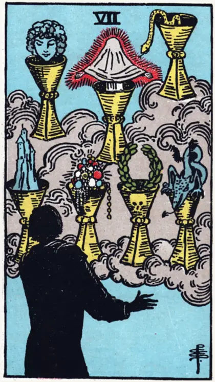 7 de Copas, arcano menor · copas del tarot Rider-Waite
