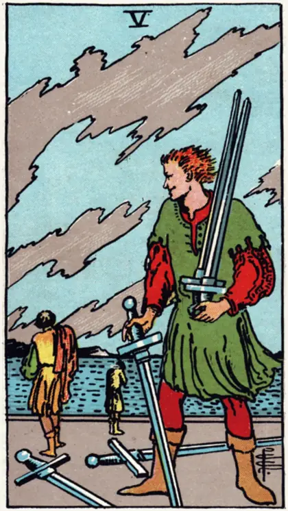 5 de Espadas, arcano menor · espadas del tarot Rider-Waite