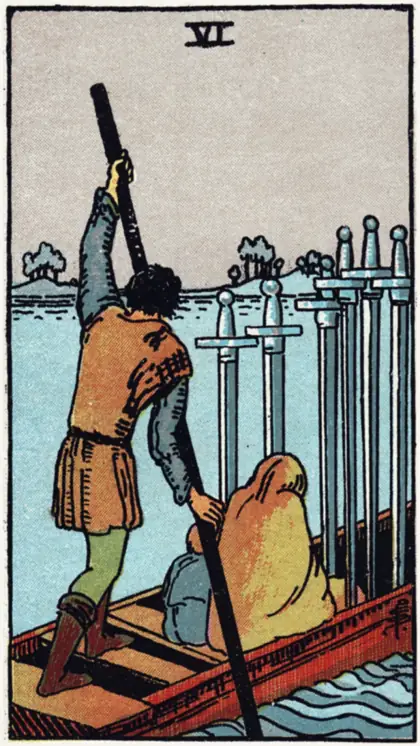 6 de Espadas, arcano menor · espadas del tarot Rider-Waite