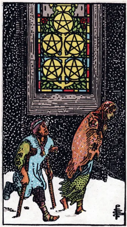 5 de Oros, arcano menor · oros del tarot Rider-Waite