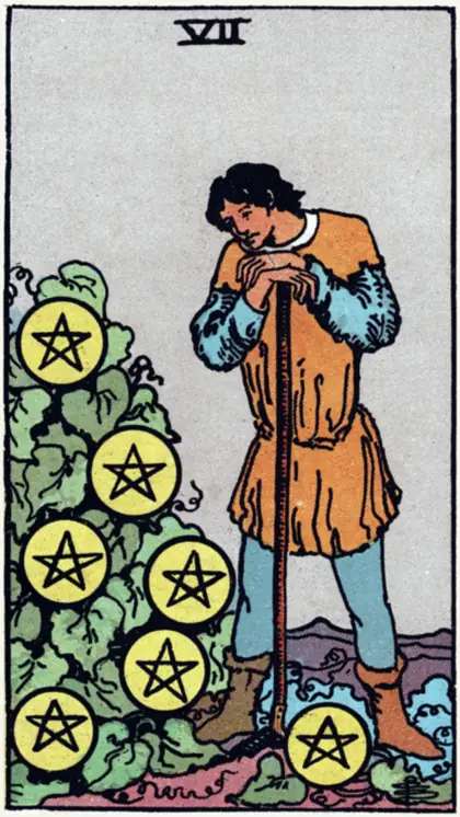 7 de Oros, arcano menor · oros del tarot Rider-Waite