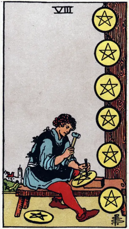 8 de Oros, arcano menor · oros del tarot Rider-Waite