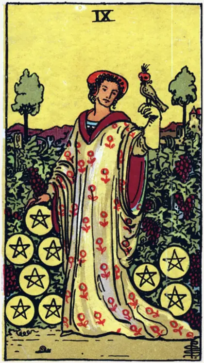 9 de Oros, arcano menor · oros del tarot Rider-Waite