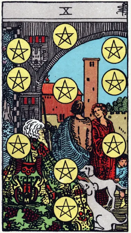 10 de Oros, arcano menor · oros del tarot Rider-Waite